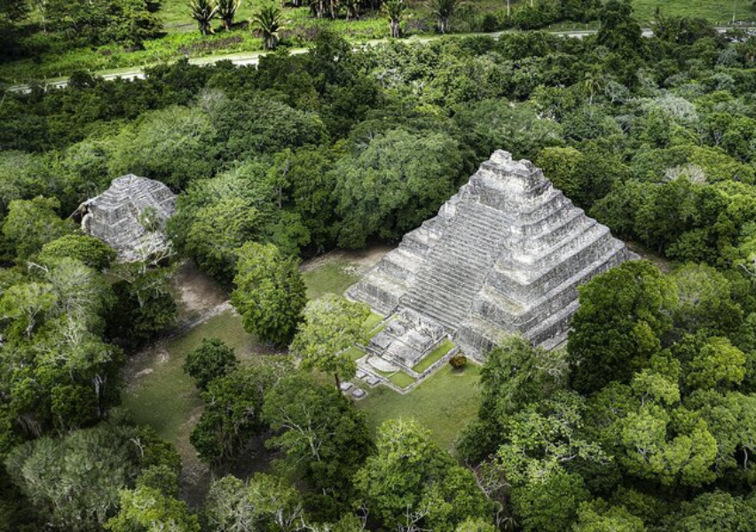 Aerial View of Chacchoben Ruins near Bacalar, Mexico, fortyfive minutes from Mahahual, two hours from the new International Airport of Tulum, an hour and fifteen minutes from the state capital Chetumal.