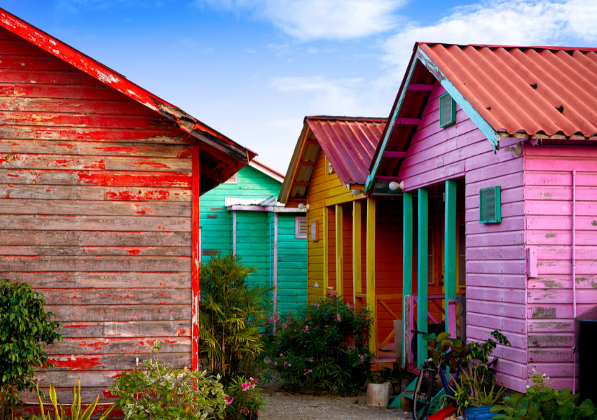 Colorful houses in Mahahual, Mexico in Mexico's Costa Maya in the Yucatan Peninsula