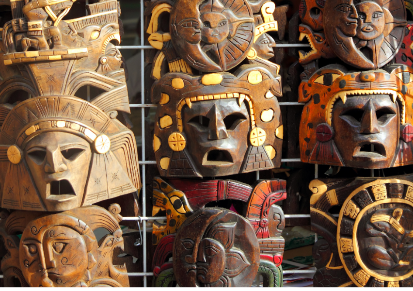 Mayan-style handcrafted wood masks