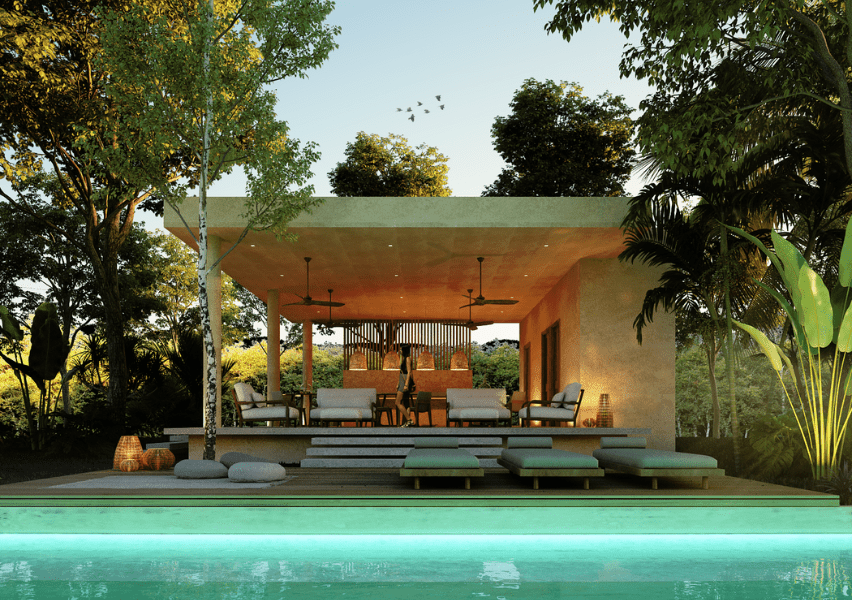 Clubhouse casa club at Ichkabal Villas gated community in Bacalar, Quintana Roo, Mexico, chlorine free pool alternative, rendering design