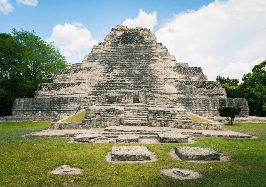 Newly restored Mayan pyramid from the Chacchoben Archaeological Site accessible by ferry or boat from the Caribbean Ocean at the south end of the state of Quintana Roo.