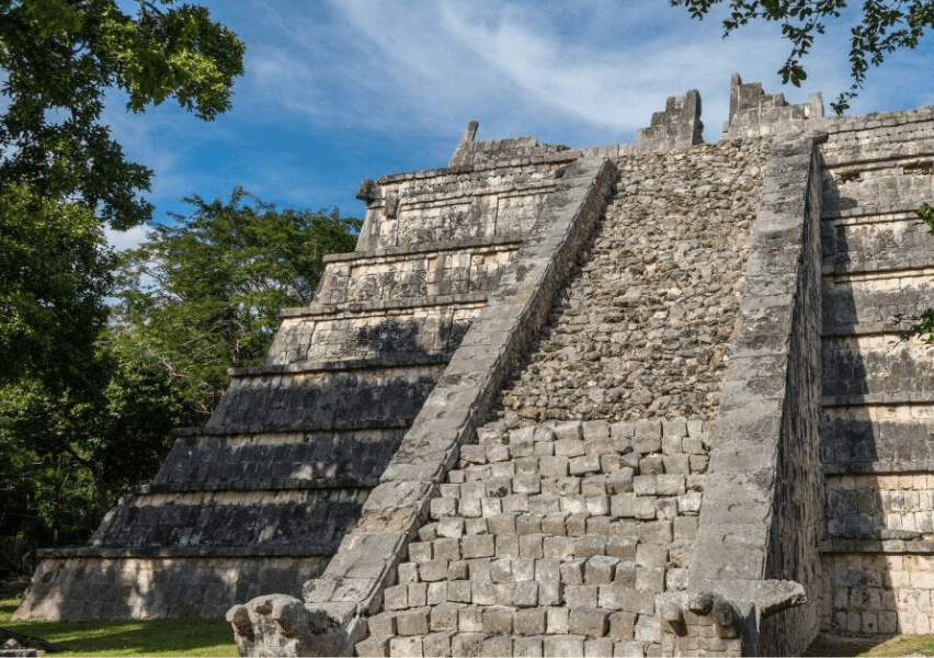 Ancient Mayan structure discovered at Ichkabal Ruins with detailed hand-carved stone steps, Ichkabal, Quintana Roo, Yucatan Peninsula, México 77903